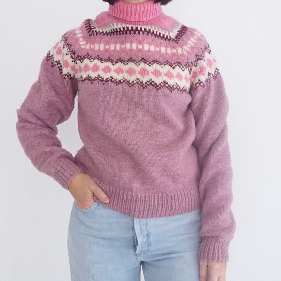 Hand Knit Pink Purple Winter Fisherman Fair Isle Turtleneck Wool Sweater S - Picture 1 of 11
